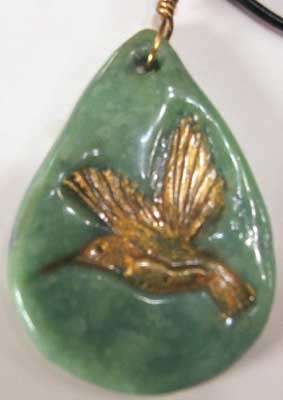 Golden Hummingbird Fimo Jade Pendant Close Up